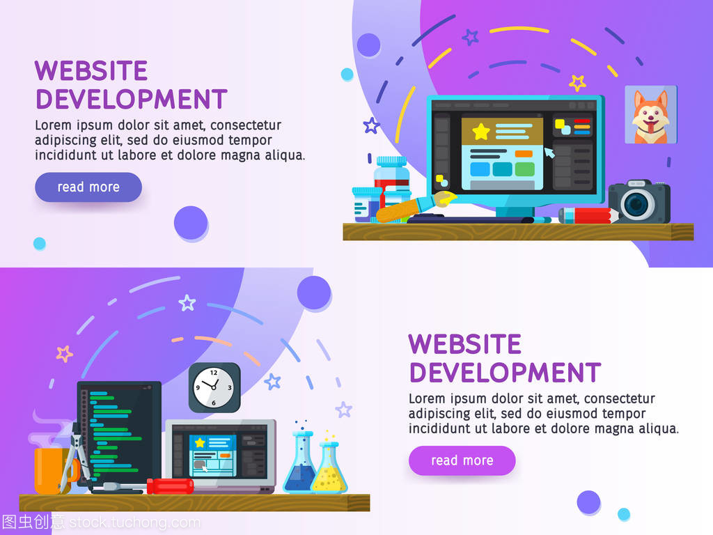 平面設計現代矢量插畫概念。業務流程集平面彩色橫幅設計。網站開發, 網頁設計?，F代平面設計2018。網站元素。矢量插圖